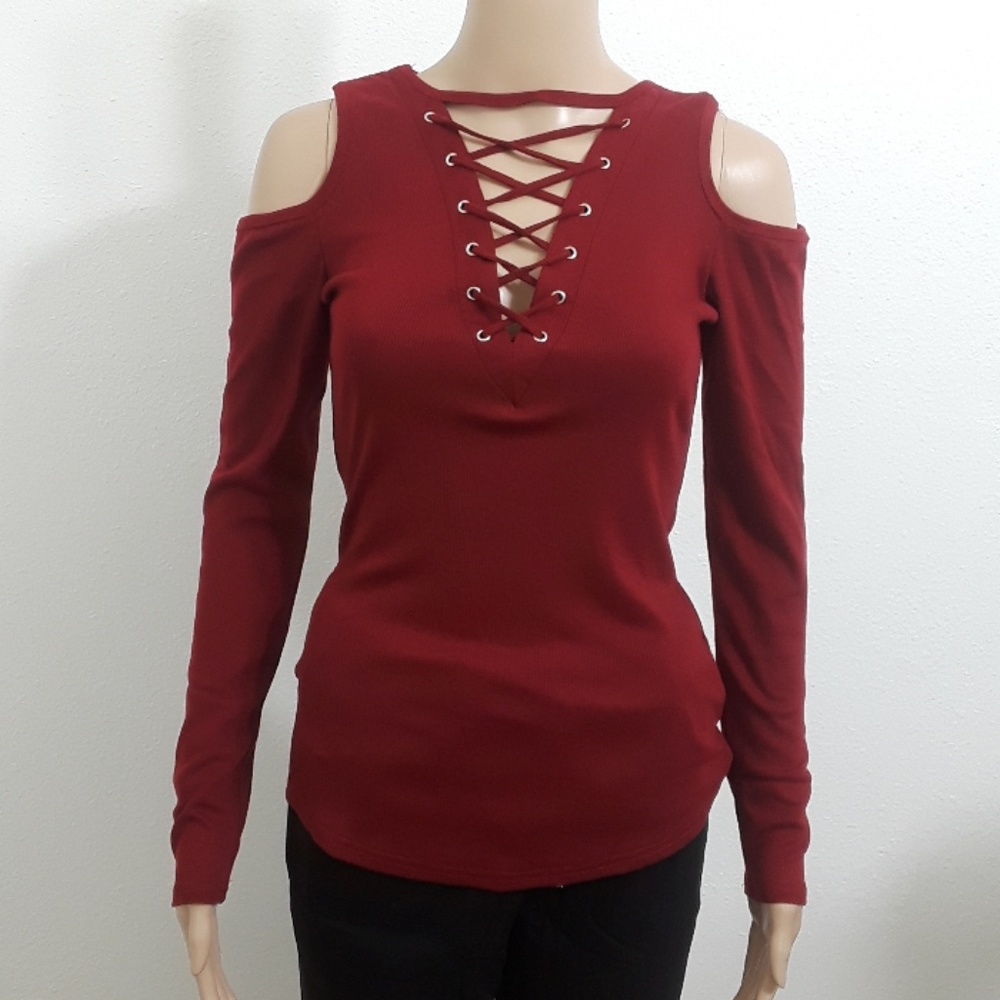 wine red lace up front cold shoulder plunge neck